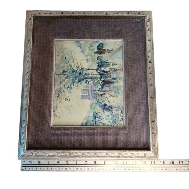 Textile VTG Street Scene #1 Impressonist Painting Purple Velvet Matt Silver Frame 1978 For Sale - Image 7 of 18