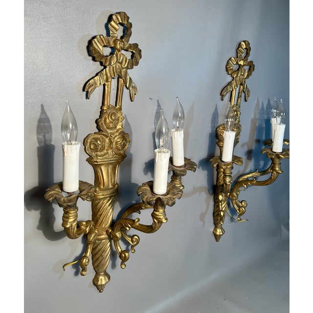 Brass Pair of Gilt Brass Wall Sconces 3 Arm Electric Light French Neo Classical Style For Sale - Image 8 of 8