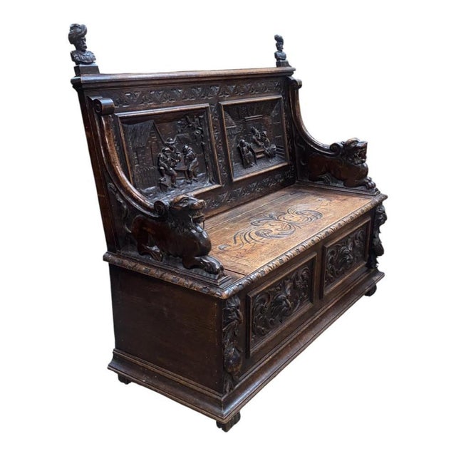 French Renaissance Revival Carved Oak Hall Monks Bench with Lion Masks, 1860s For Sale - Image 10 of 15
