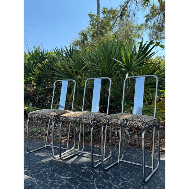 Chrome 1960s Set of 3 François Arnal for Atelier a Chrome Side Chairs With Custom Animal Print Upholstery For Sale - Image 8 of 12
