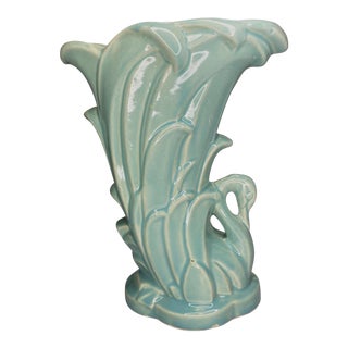 Vintage McCoy 1940’s Pottery Art Deco Ceramic Aqua Swan in Reeds Vase For Sale