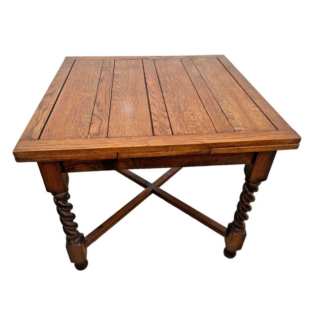 Antique Expanding Pub Kitchen Table Barley Twist Legs Quarter Sawed Tiger Oak For Sale In Palm Springs - Image 6 of 14