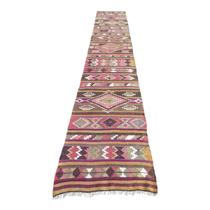 Mid 20th Century Vintage Turkish Extra Long Hallway Kilim Area Runner Rug
