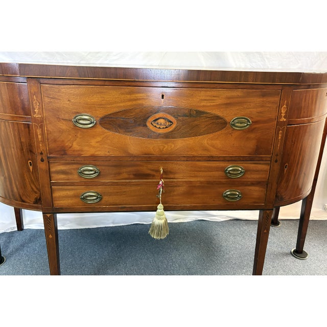 American 19th Century Sheraton Style Mahogany Bowfront Butler's Sideboard With Secretary Desk, Locks and Keys For Sale - Image 3 of 18