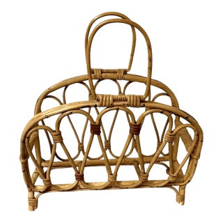 Mid-Century Rattan & Bamboo Magazine Rack —Sculptural Honey Tone For Sale