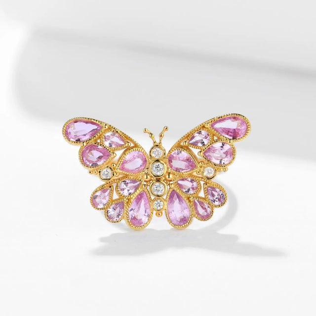 Metal Nina Zhou Butterfly Pink Sapphire Diamond Cocktail Ring in 14k Yellow Gold, size 7.5 For Sale - Image 7 of 11