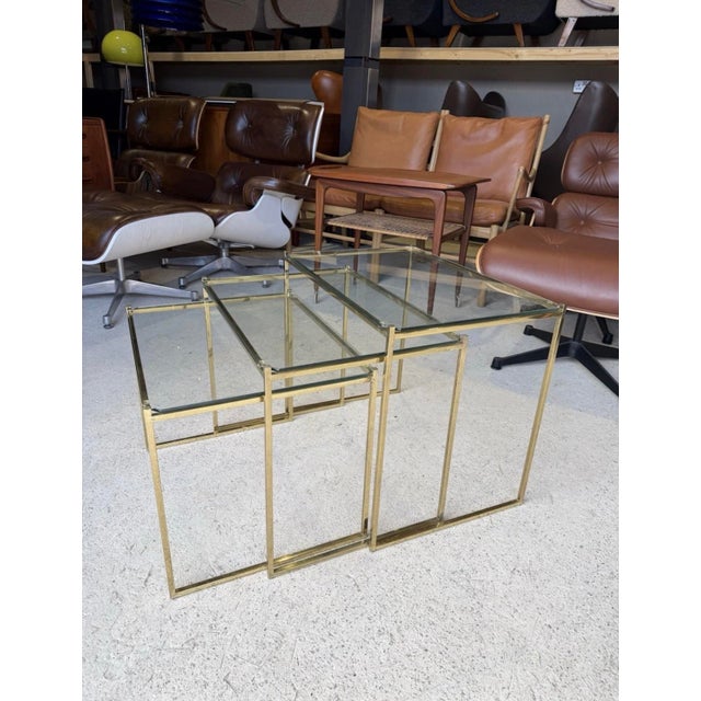 Art Deco French Brass and Glass Nesting Tables, Set of 3 For Sale - Image 4 of 11