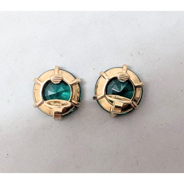 Vintage 1950s Signed Crown Trifari Round Flawed Faux-Emerald Clip Earrings-2 Pieces For Sale - Image 11 of 11