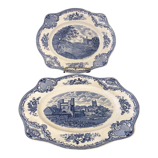 Pair of 1940s Johnson Bros. Old Britain Castles Blue Oval Serving Platter / Wall Plates For Sale