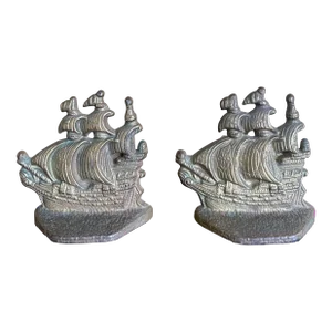 Vintage Solid Metal Pirate Ship Bookends- a Pair