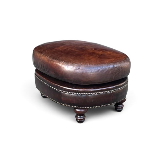 Vintage Oval Brown Leather Ottomans With Brass Nailhead Trim – A Pair For Sale - Image 4 of 7