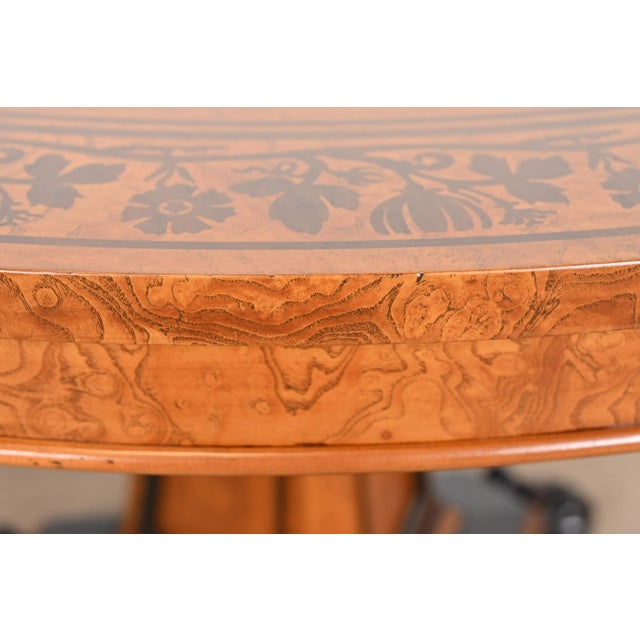 Wood Baker Furniture Stately Homes Collection Burl Wood and Parcel Ebonized Regency Center Table, Restored For Sale - Image 7 of 12