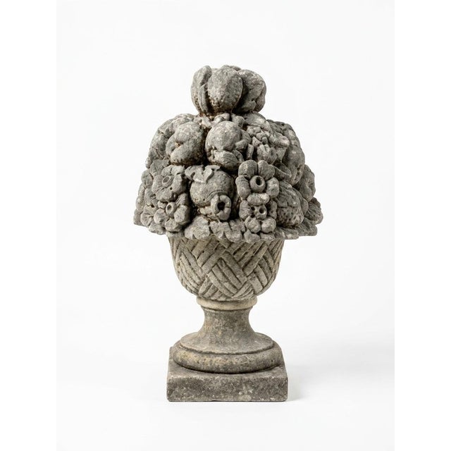 2000 - 2009 Pair of Vintage Cast Stone Fruit Basket Garden Finials & Architectural Urns For Sale - Image 5 of 12
