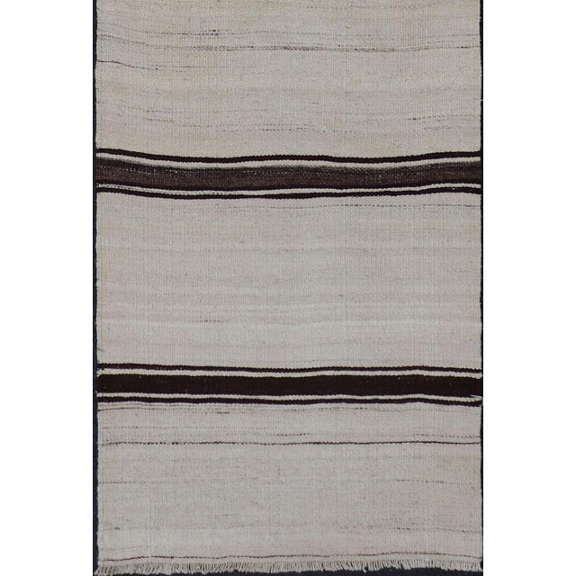 Traditional Vintage Turkish Kilim Small Runner With Ivory and Dark Brown Stripes 2'0 X 7'10 For Sale - Image 3 of 11