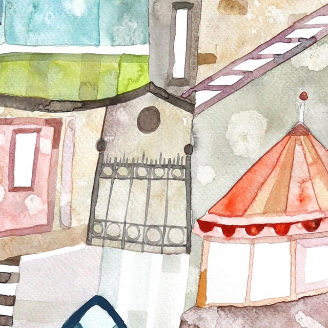 Old Town - Original Pastel Colored Urban Landscape Watercolor Painting on Paper by Maria C Bernhardsson For Sale - Image 4 of 7