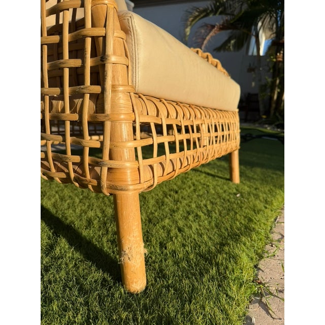 Contemporary Palecek Aries Coastal Rattan Lounge Chair With Tan Upholstery For Sale - Image 3 of 6