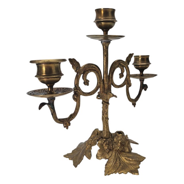1910s Art Nouveau Gilt Metal Three Light Candelabrum With Leaf and Vine Base 8.5" For Sale - Image 5 of 12