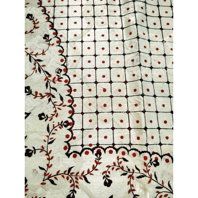 Tribal Vintage Hand Printed Indian Cotton Banquet Tablecloth With Jacquard Floral Damask & Fringe For Sale - Image 3 of 10