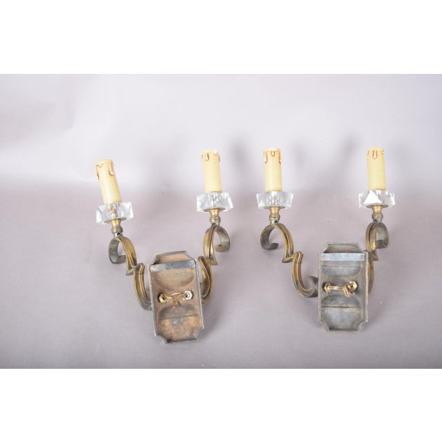 1950s Scrolled Brass Wall Sconces with Crystal Bobeches attributed to Jules Leleu, 1950s, Set of 2 For Sale - Image 5 of 11
