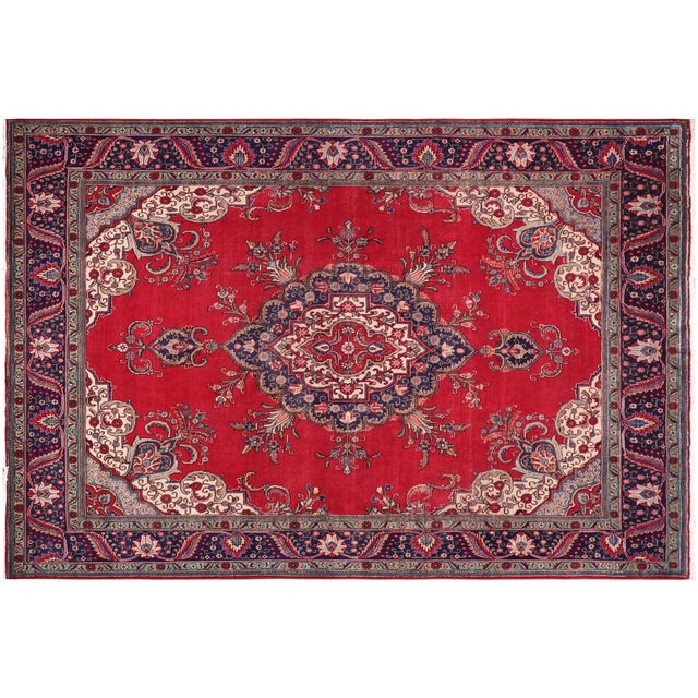 Retro Persian Tabriz Red/Blue Wool Rug - 9'10'' X 12'7'' For Sale - Image 9 of 10
