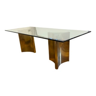 Mastercraft Trilobi Brass Double Pedestal Glass Dining Table, 1970s For Sale