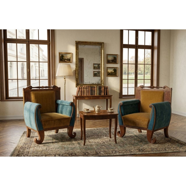 A striking pair of armchairs that masterfully blend classic Biedermeier silhouette with a bold, contemporary color...