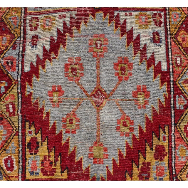 Textile Vintage Turkish Oushak Runner With Bold Gold, Red, and Sky Blue Medallions For Sale - Image 7 of 13