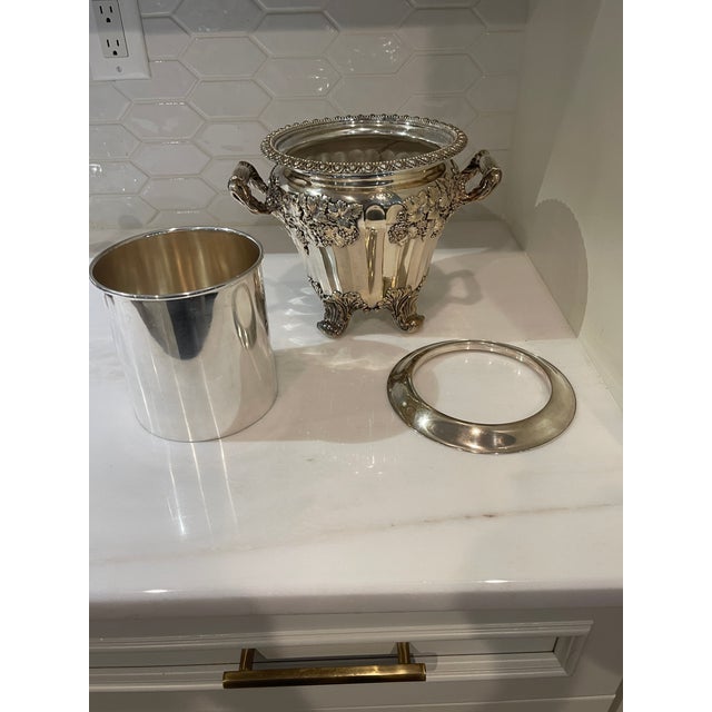 Silver Antique Silverplated Sheffield Champagne Bucket With Two Handles and Elaborate Decoration For Sale - Image 8 of 10