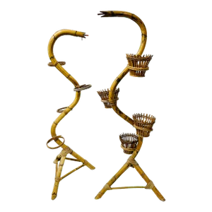 Pair Vintage Italian Rattan & Bamboo “Snake” Plant Stands