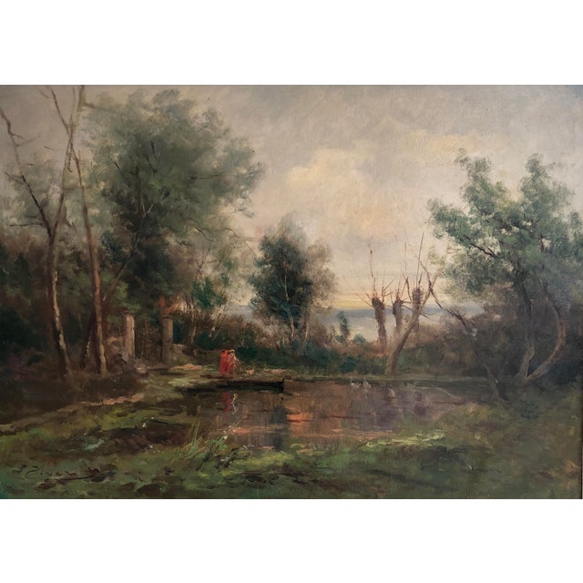 Ziveri, Couple en balade au bord de l'étang avec chien et cygnes, Oil on Canvas, Framed For Sale - Image 12 of 12