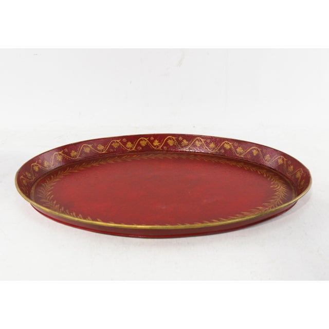 Vintage Handmade Metal Red Tray With Hand-Painted Gold Olive Leaf Wreath For Sale In New York - Image 6 of 11