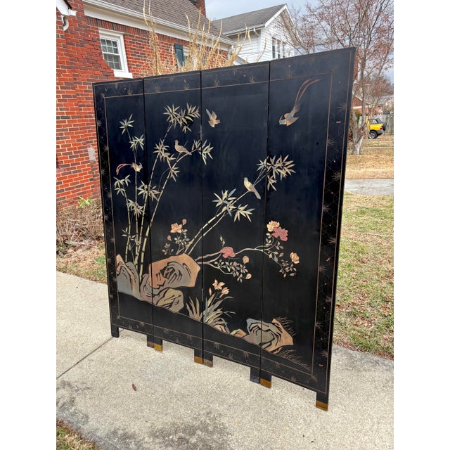 Black Exquisite Chinese Export Four Panel Coromandel Screen With Birds in Landscape For Sale - Image 8 of 15
