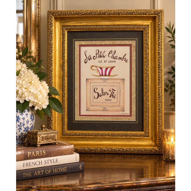 French Country Late 20th Century Barbara Barry Salon De Thé Paris Print in Ornate Gold Frame For Sale - Image 3 of 4