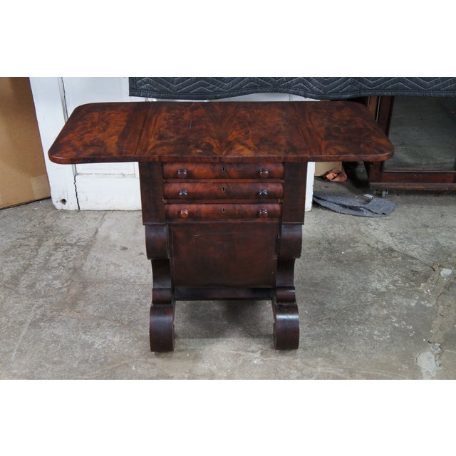 Antique American Empire Crotch Mahogany Drop Leaf Sewing Work Side Table Cabinet For Sale - Image 6 of 14