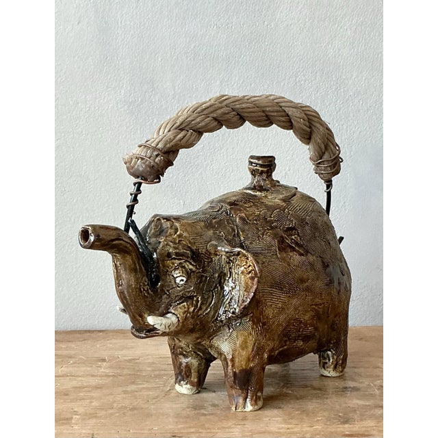 Metal Vintage Boho Original Studio Pottery Elephant Teapot For Sale - Image 7 of 10