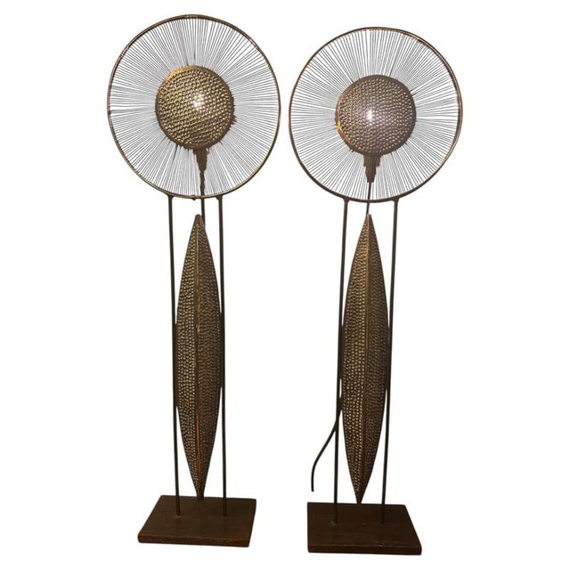 Metal Vintage French Iron and Brass Sunburst Table Lamps, 1960s, Set of 2 For Sale - Image 7 of 7