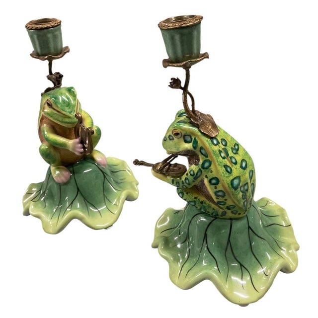 Beaux-Arts Pair of Vintage Whimsical Ceramic and Bronze Patinated Metal Musical Frog Candle Holders For Sale - Image 3 of 12