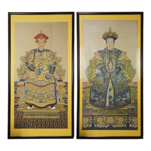 Pair of Vintage Chinese Imperial Ancestor Portraits on Silk: Qing Dynasty Emperor & Empress