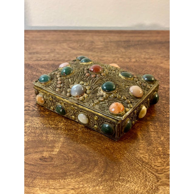 Early 20th Century Antique Tibetan Filigree Jewelry Box, Agate Stone Brass Trinket Box For Sale - Image 5 of 7