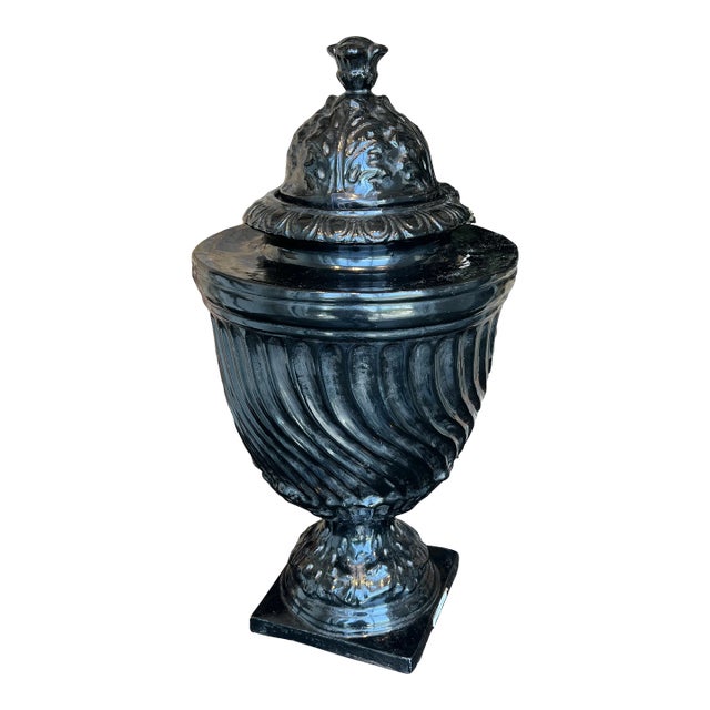 Italian Hand Painted Black Ceramic Urn With Lid For Sale
