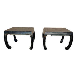 Asian Styled Tile Maitland Smith Pair of Tessellated Stone & Brass End Tables For Sale