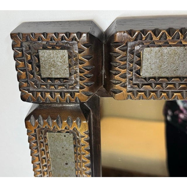 Folk Art Currey& Company Tramp Art Handcrafted Wood Square Mirror Antiqued Border For Sale - Image 3 of 12