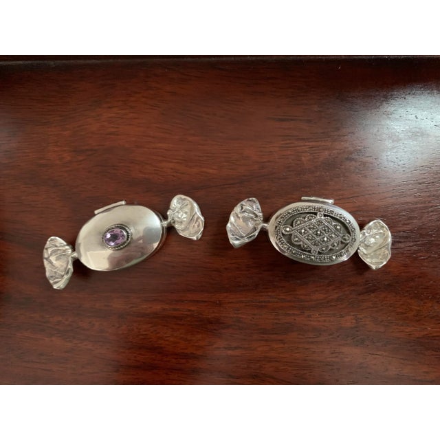 Late 20th Century Vintage Sterling Silver Candy Shaped Trinket Boxes -One With Marcasite and One With an Amethyst For Sale - Image 5 of 8