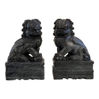 Vintage Soapstone Carved Foo Dog Bookends - a Pair For Sale