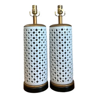 Vintage Perforated Ceramic Table Lamps - Pair For Sale