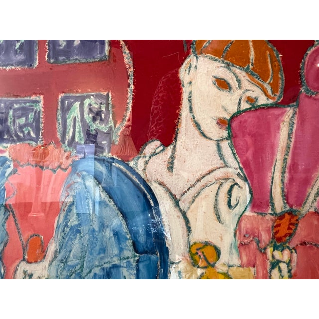 Oil pastel on board depicting mannequin in a still life, vibrant, maximalist interiors.