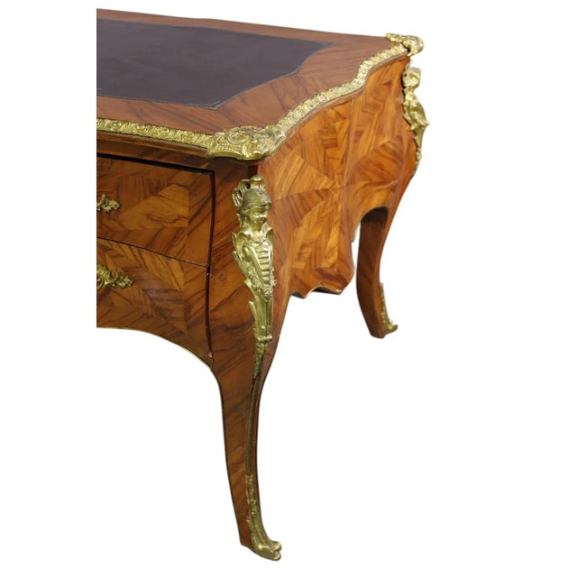 French Early 20th Century French, Large, Burl Wood Veneer, Leather Top, Bronze Mount,Bureau Plat Desk! For Sale - Image 3 of 8