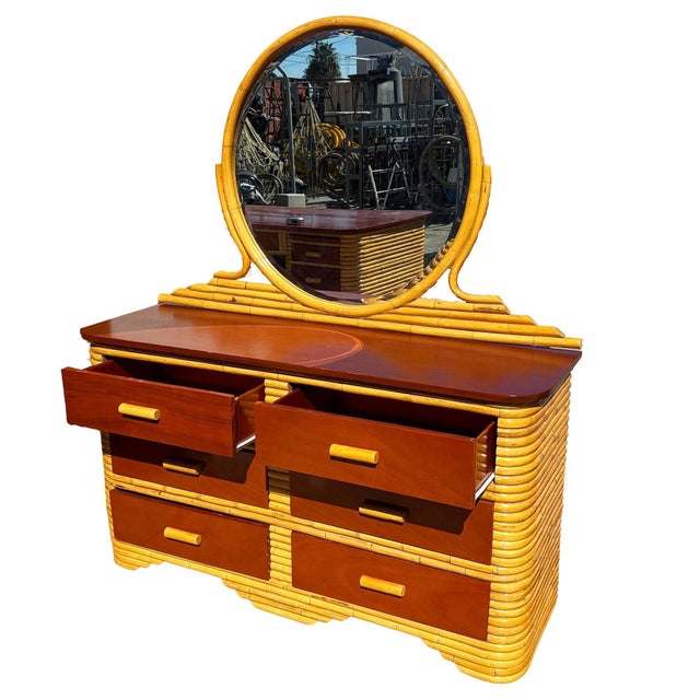 Paul Frankl 1930s Restored Paul Frankl Style Stacked Rattan & Mahogany Lowboy Dresser W/ Mirror For Sale - Image 4 of 5
