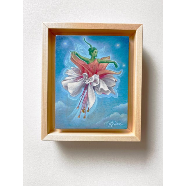 This artwork features a graceful figure emerging from a vibrant fuchsia flower, blending elements of nature and fantasy....