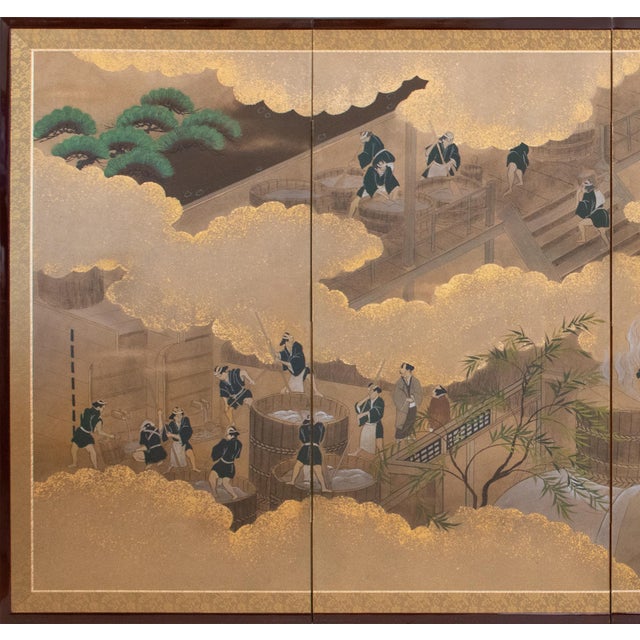 Excellent Japanese 4-Panel painted Byobu (folding screen) depicting Sake making. Yamato-E style. Signed and sealed by...